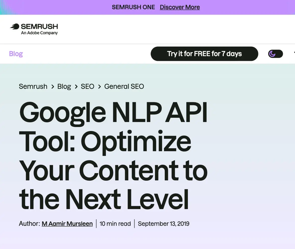 Semrush article showing M. Aamir Mursleen as the author of a Google NLP article